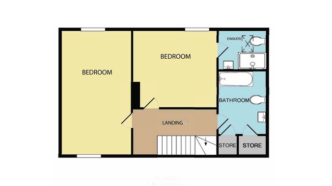The first floor plan for Wydcombe Cottage, showing a bedroom with en-suite shower room, another bedroom and bathroom.